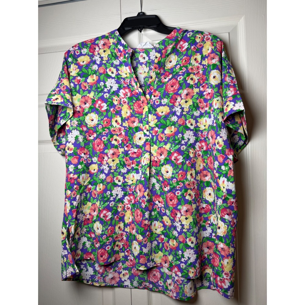Emily Wonder Floral Print Tunic Top Purple Short Sleeve Babydoll Blouse Large